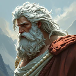 painted portrait of rugged zeus greek god, side view white hair masculine mature mountain vines handsome imposing body hair upper body burly robe fantasy intricate elegant extremely detailed digital painting trending artstation concept art sharp focus illustration art by alphonse mucha greg rutkowski craig mullins