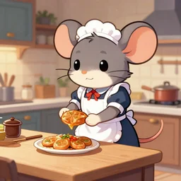 a cute anthropomorphic mouse girl maid preparing dinner in the kitchen. league of legends splash art