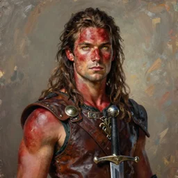 thomas serpentwind, solo male weary soldier, young adult, very long! brown hair, golden eyes, ruddy rugged red skin, muscular!, leather armor, shortsword, clear symmetrical eyes, a male dnd fighter's portrait, clear eyed, realistic, by brian patterson and rhads!!!, palette knife background