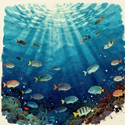 a wood block print of an ocean filled with tropical fish, as seen from underwater looking up. caustics. octane render. raytracing. dynamic perspective. shadow and light. by hokusai and utagawa and ohara koson and thomas kinkade. white paint spatters and dry brush oil paint accents. trending. featured. award winning.