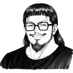 highly detailed ink illustration of a buff smiling man with long stubble, square glasses and a bowl cut, wearing a black shirt, b & w clean shaped illustration by kim jung gi and eiichiro oda