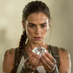 lara croft, muddy face, examine diamond in awe, an film still, photorealistic