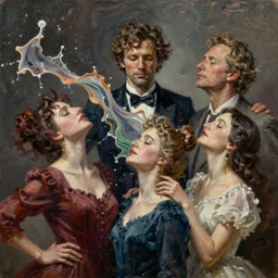 men and women in expansive clothes changing their heads, fluid materia of reality splashes, mid shot, extremely high details quality, bao phan, viktor safonkin, bruce pennington, larry elmore, intricate, hyperrealistic oil painting on canvas, deep depth field, hd, hdr, 4 k, 8 k