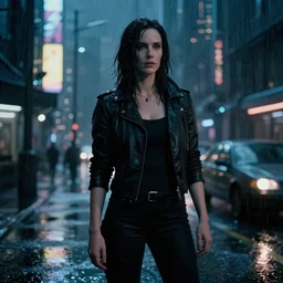 jennifer connelly starring in a cyberpunk movie in a distopic futuristic city in the style of bladerunner, movie still, highly detailed, rainy night, volumetric lights, dramatic, scifi