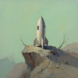 abandoned dirty tiny rocket ship, distant knotted branches, extremely detailed rocky crag, unfinished canvas, dry brush texture, strokes visible, wash, vaguely green
