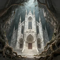 A marble cathedral in a crevice being engulfed by gigantic tree roots, concept art, artstationhq, ruxing gao, ya lun