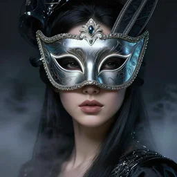a beautiful masked woman wearing a venetian mask, intricate, elegant, highly detailed, digital painting, artstation, smooth, sharp focus, cyberpunk darksynth, cinematic, opalescent mist, dramatic lighting, illuminated lines, outrun, vaporware, by ruan jia and ilya kuvshinov and alphonse mucha