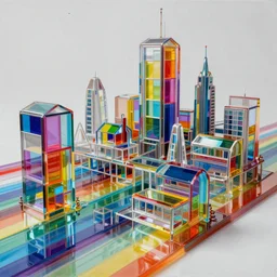 an hd wide shot photo of resin pour painting of a 3d landscape of impossible buildings made of futuristic architecture, 3d depth, 8k, land is made of rainbow fused glass pattern bars, roofs are made of beautiful vividly colored acrylic panels, windows are made of cast glass color film gels, shapes are made of many layers of dichroic glass by jack storms, clear shapes, acrylic resin pour painting