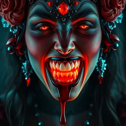 portrait of vampire woman with blood dripping from the teeth in her mouth, beautiful, attractive, glowing, ornate and intricate, jaw dropping, dynamic lighting, colorful, fantasy, intricate and detailed, 4 k octane render