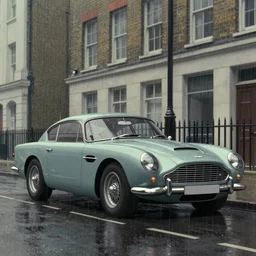 a wholesome animation key shot of one focused aston martin db 5, parked on a side of a wet london street, raining, medium range, studio ghibli, pixar and disney animation, sharp, very detailed, octane render, 4 k, high resolution, anime key art by greg rutkowski, dull diffused side lighting