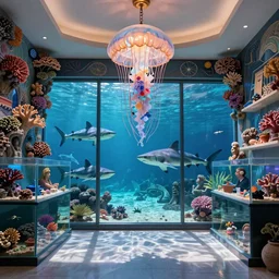photo of the modern fashionable room as aquarium with a chandelier as a big jellyfish, beautiful corals on the walls and dangerous sharks on the big panoramic window, realism, sharp details, cinematic, a lot of gleans, under the ocean, realistic colors, realistic shadows, daylight by beeple and by greg rutkowski, ilya kuvshinov, rossdraws, tom bagshaw, alphonse mucha, global illumination, detailed and intricate environmen