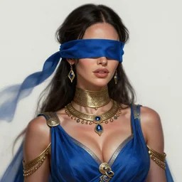! dream portrait of megan fox blindfolded, muscular upper body, collar, greek, jewelry, blue dress, fantasy, intricate, elegant, highly detailed, digital painting, artstation, concept art, matte, sharp focus, illustration, art by aenaluck and roberto ferri and greg rutkowski, epic fantasy, digital painting
