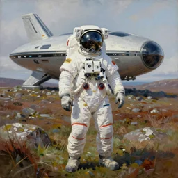 Detailed oil painting of an astronaut tourist from the future standing in the Isle of Harris Scotland, a futuristic spaceship in the background, very wide angle lens