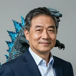 Godzilla as a wise father figure, professional headshot, Portrait, LinkedIn