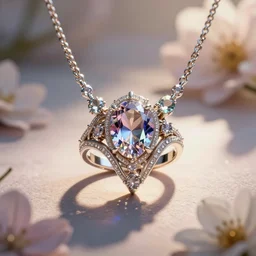 intricate! organic, nordic wedding ring, necklace, gemstones, dreamy floral background, ultradetailed, refraction, occlusion, lower and upper levels, keyshot render, octane render, vray render