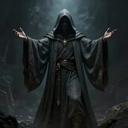 symmetric!! concept art of a mysterious hooded wizard spreading his arms by etienne hebinger, atmospheric, detailed, matte