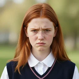 vibrant, beautiful portrait of a thin adolescent white woman with round face wearing a school uniform, 1 6 yo, annoyed look, acne, uneven skintone, dry skin, redhead, center parting, straight hair, in the morning, ambient light, sigma 8 5 mm, nikon 5 0 mm f / 1. 8 g, by lee jeffries