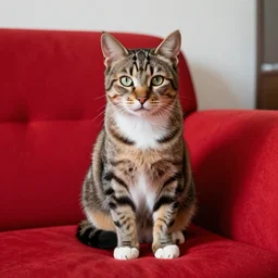 a punk cat sits on a red sofa