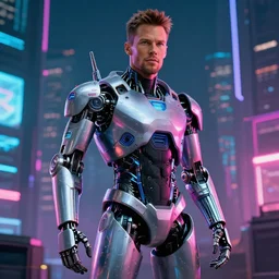tom brady cyborg robot android, cyberpunk, augmentations, neon, city scene, synthwave