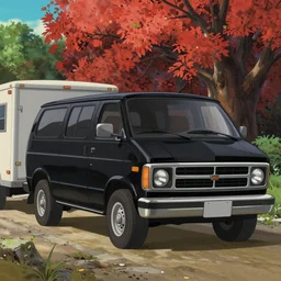 a wholesome animation key shot of one!! focused, black 1 9 8 3 gmc van, towing a trailer, boat on lake, medium shot, studio ghibli, ( disney animation ), sharp, very detailed, high resolution, rendered in unreal engine 5, anime key art by greg rutkowski, bloom, dramatic lighting