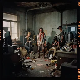 kodak portra 4 0 0, wetplate, 8 k, shot of a highly detailed helium medium size room with figure film still 1 9 9 2 industrial chaos terror