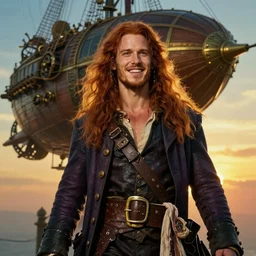 realist portrait painting of a young rugged joyful long long hair soft hair crimson hair male pirate minimalist long coat upper body elegant muscular rugged handsome steampunk wood brass ornate mechanical zeppelin airship in upper background sky sunset golden hour fantasy rugged character art cinematic lighting art by mucha rutkowski artgerm