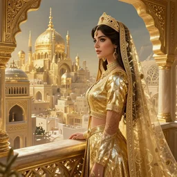 an arabian princess looking over her city, shiny, fantasy, intricate, elegant, hyper detailed, ultra definition, photoreal, artstation, unreal engine rendered, concept art, smooth, sharp focus, illustration, art by artgerm and greg rutkowski and alphonse mucha and garis edelweiss