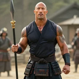 a film still of Dwayne Johnson as samurai with spear