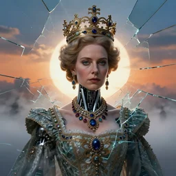 portrait of a cyborg queen elizabeth, shattered glass, regal jewellery, crown, cinematic light, backlight, orange sky blue, mist, clouds, by mikhail vrubel, by philippe druillet, by wlop, by peter elson, by gerald brom, muted colors, ( extreme detail ), trending on artstation, 8 k