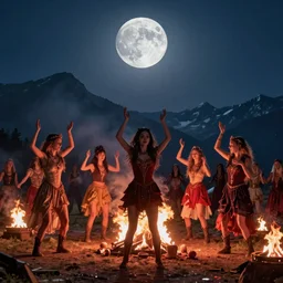 a very high resolution image from a new movie. a full moon in the mountains while young women dance in ecstasy in the firelight at the satanic ritual, 2 4 mm, photorealistic, photography, night directed by wes anderson