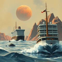 sea cruises to mars. highly detailed, digital painting, watercolor, soviet realism, engraving, artstation, concept art, smooth, sharp focus, illustration, unreal engine 5, 8 k, art by bilibin and kuvshinov and malevich and mucha