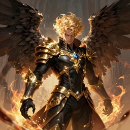 digital art of a pale menacing Angel of Battle with fluffy blond curls of hair and piercing eyes, gilded black uniform, he commands the fiery power of resonance and wrath, by WLOP, Artstation, CGsociety