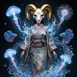 3 d goddess frontal view full body, astral projection, with ram golden skull. beautiful intricately detailed japanese fractal kitsune mask and clasical japanese kimono. betta fish, jellyfish fractal, bio luminescent, plasma, ice, water, wind, creature, mandelbulb, fractal, artwork by tooth wu and wlop and beeple and greg rutkowski