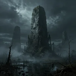 horrific landscape, massive monolith, swamp, matte painting, dramatic lighting, dark, fog, artstation
