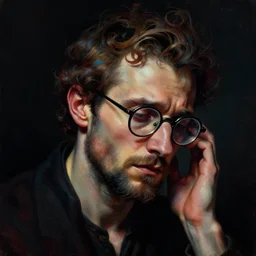 portrait of a male italian artist wearing glasses in the darkness colorful, anxiety and depression, intricate, elegant, highly detailed, digital painting, dark background, artstation, concept art, smooth, sharp focus, illustration, by greg rutkowski