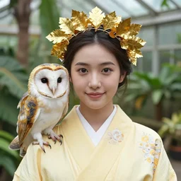 portrait photograph of beautiful!!!! young female , symmetric face!, symmetric round detailed eyes!!, slight smile, natural light, wearing a yellow kimono!! with a very detailed barn owl! on her shoulder in a tropical greenhouse. looking at the camera!!. golden crown made of golden leaves. super resolution. Extremely detailed. Graflex camera!, bokeh!!!!!.