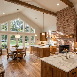 beautiful home includes a great room with cozy floor-to-ceiling brick fireplace, large dining area with breakfast nook, spacious kitchen with ample cabinet and counter space, primary suite w/arched windows, vaulted ceilings and ensuite bathroom with double sinks and a full, unfinished walkout basement with workshop