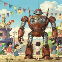 memorable animation key shot, anime movie screenshot, kids climbing up the icebreaker rusty robot schwerer gustav!!!!, colorful bunting, dim lanterns, grafitti!!, giant koi fish, ghibli, themepark, by mandy jurgens, by satoshi kon, ilya repin, lena aenami, shinji kimura, daylight pastel color palette