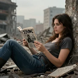 a woman relaxing amidst a post - apocalyptic city reading an issue of the silver zine, 4 k