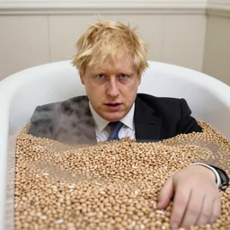 boris johnson stuck in a bath tub full of beans