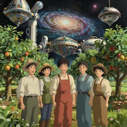 portrait of symmetrical friendly farmers, with detailed smiling faces, in an orchard on a space station, with fruit trees, supported by advanced elegant machinery, near a galaxy, insanely detailed and intricate, golden ratio, elegant, ornate, elite, haunting, 30mm, cinematic, trending in cgsociety, unreal engine, 8k, miyazaki, vivid and vibrant