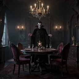 gothic victorian dining room, vampire, creepy, atmospheric, Greg Rutkowski, Artstation, CGSociety, Unreal Engine