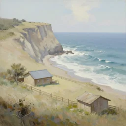 ranch by a windy ocean cliff aesthetic, oil painting, pale colors, high detail, 8 k, wide angle, trending on artstation,