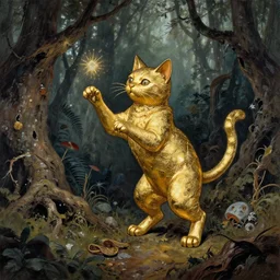 metallic gold cat doing magic in the gnarly forest by tom bagshaw, mucha, karl kopinski