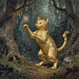 metallic gold cat doing magic in the gnarly forest by tom bagshaw, mucha, karl kopinski