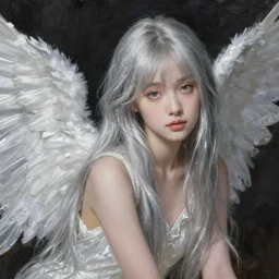 thin young beautiful angel with silver hair so long, pale!, wearing silver hair, silver angel wings, young adorable korean face, silver hair!!, oil on canvas, style of fernand khnopff, 4 k resolution, aesthetic!,