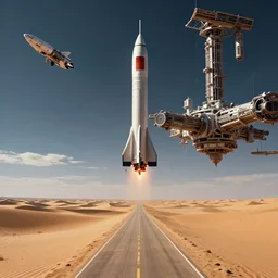 cinematic silk road lanscape with rocket ship in the sky, gigantic space station, science fiction scene, epic lighting, cinematic compositon, hyperrealistic