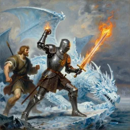 landscape realistic painting image of a templar knight with one mechanical hand carrying a fire sword and wielding it at the ice dragon. dramatic scene, realism, created by gustave courbet and michaelangelo, trending in artstation, fine art, smooth draw with oil painting.
