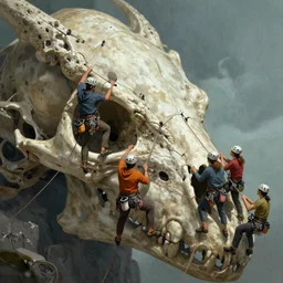 four adventurers rock climbing a giant ancient dragons skull, very detailed, fantasy art, dungeons and dragons, belaying, ropes, equipment, cover of national geographic