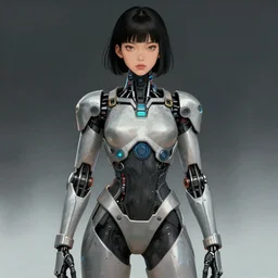 illustration of an assian girl wearing a cybernetic suit by laurie greasely,